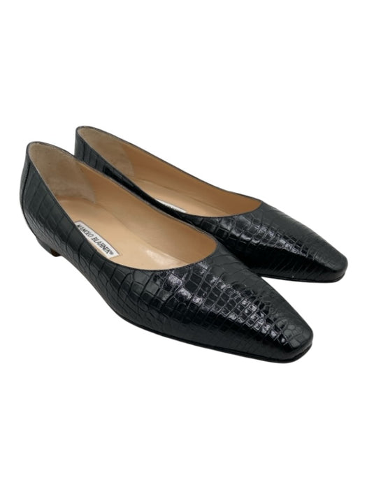 Manolo Blahnik Shoe Size 38.5 Black Croc Leather Pointed Square Toe Flats Shoes Black / 38.5