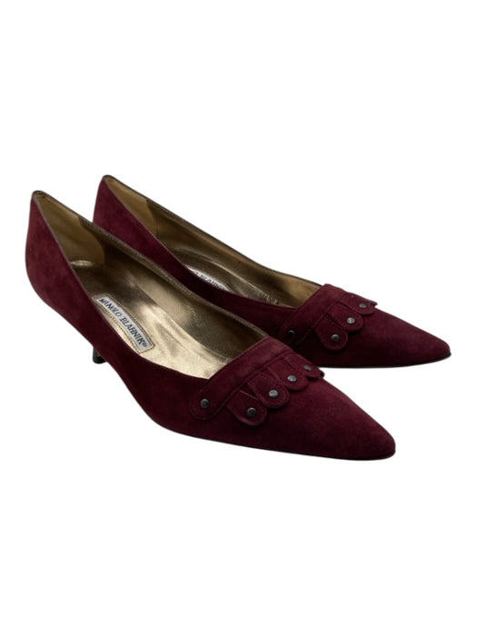 Manolo Blahnik Shoe Size 38.5 Burgundy Leather Pointed Toe Suede Studs Heels Burgundy / 38.5