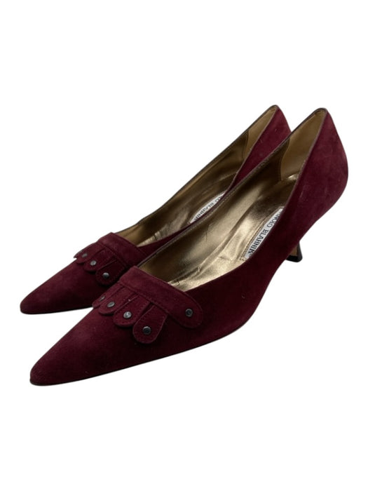 Manolo Blahnik Shoe Size 38.5 Burgundy Leather Pointed Toe Suede Studs Heels Burgundy / 38.5