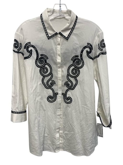 Anne Fontaine Size 40 / s White & Black Cotton Blend Embroidered Button Down Top White & Black / 40 / s