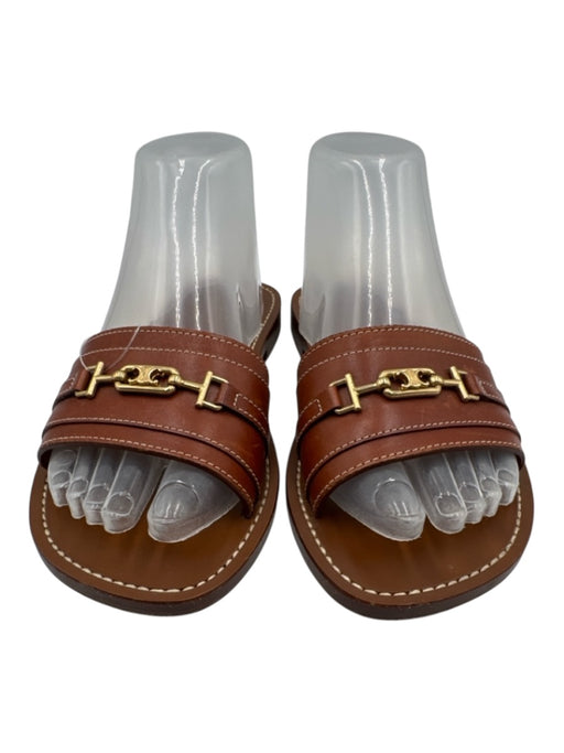Celine Shoe Size 37 Brown Leather Gold Tone Hardware Logo Slide Sandals Brown / 37