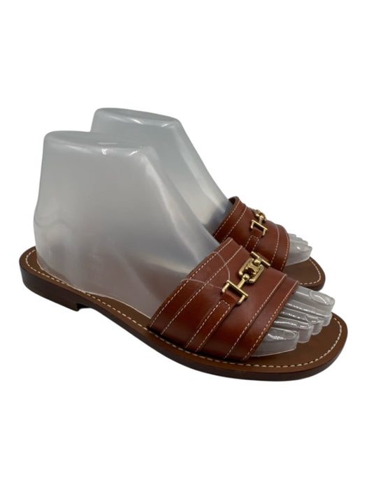 Celine Shoe Size 37 Brown Leather Gold Tone Hardware Logo Slide Sandals Brown / 37