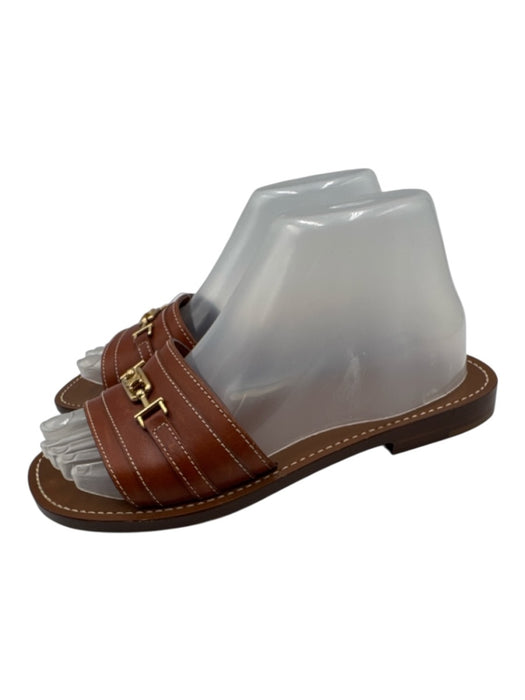 Celine Shoe Size 37 Brown Leather Gold Tone Hardware Logo Slide Sandals Brown / 37