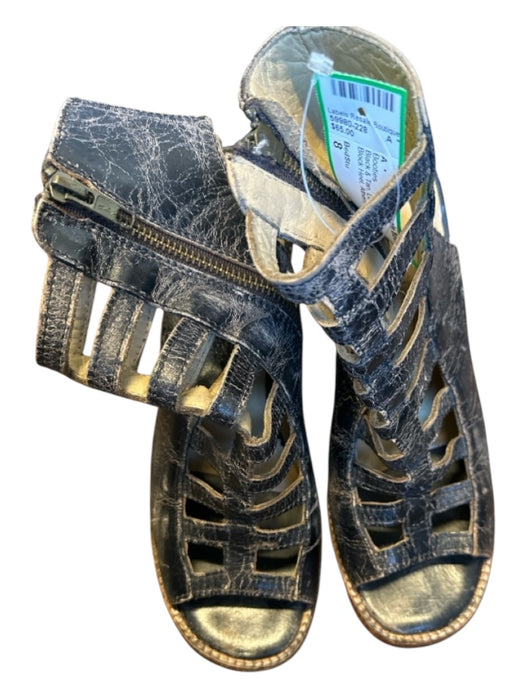 BedStu Shoe Size 8 Black & Tan Leather Side Zip Cut Outs Block Heel Booties Black & Tan / 8