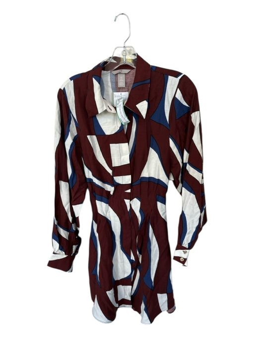 H&M Size S Maroon & Navy Viscose Long Sleeve Collar Buttons Dress Maroon & Navy / S