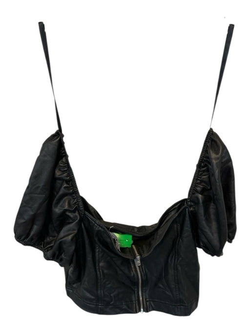 7 For All Mankind Size L Black Vegan Leather Short Balloon Sleeve Back Zip Top Black / L