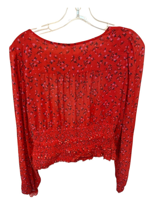 Free People Size L Red & Navy Polyester Long Balloon Sleeve Flowers Smocked Top Red & Navy / L