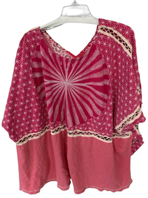 We The Free Size M Red & Pink Cotton Short Sleeve Embroidered Bandana Print Top Red & Pink / M