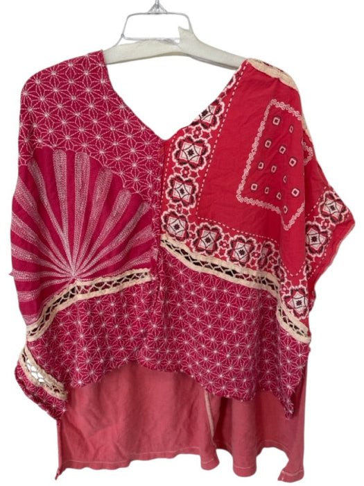 We The Free Size M Red & Pink Cotton Short Sleeve Embroidered Bandana Print Top Red & Pink / M