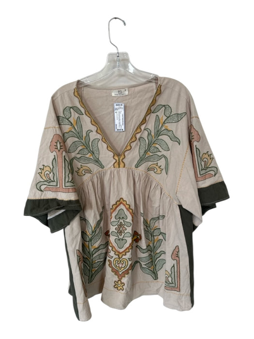 Pretty Persuasions Size M Taupe & Green Cotton 3/4 Sleeve Embroidered Dress Taupe & Green / M