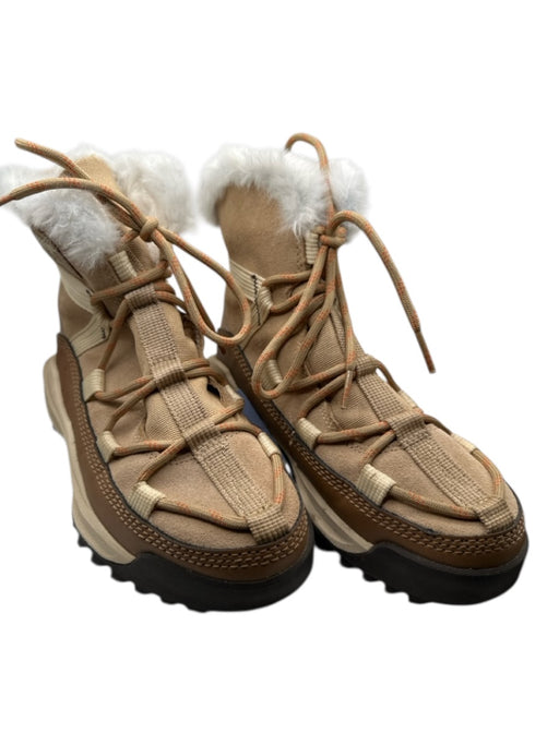Sorel Shoe Size 7 Tan & Orange Leather & Suede Faux Fur Lace Up Athletic Boots Tan & Orange / 7