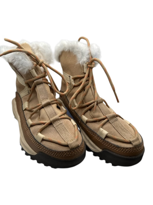 Sorel Shoe Size 7 Tan & Orange Leather & Suede Faux Fur Lace Up Athletic Boots Tan & Orange / 7