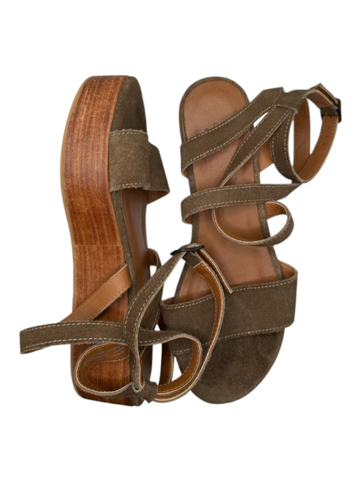 ABLE Shoe Size 7 Brown Suede Wood Base Platform Ankle Strap Sandals Brown / 7