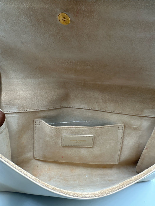 Yves Saint Laurent Beige Leather Magnetic Flap Gold Logo Clutch Bag