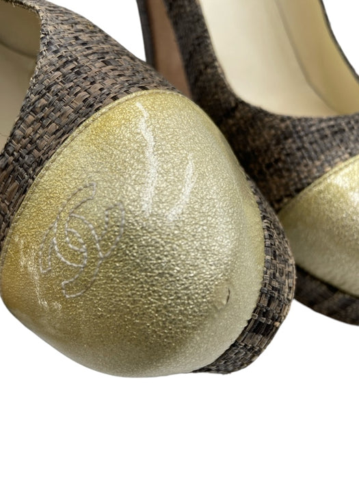 Chanel Shoe Size 41 Gray & Beige Jute & Patent round toe Woven Platform Pumps Gray & Beige / 41