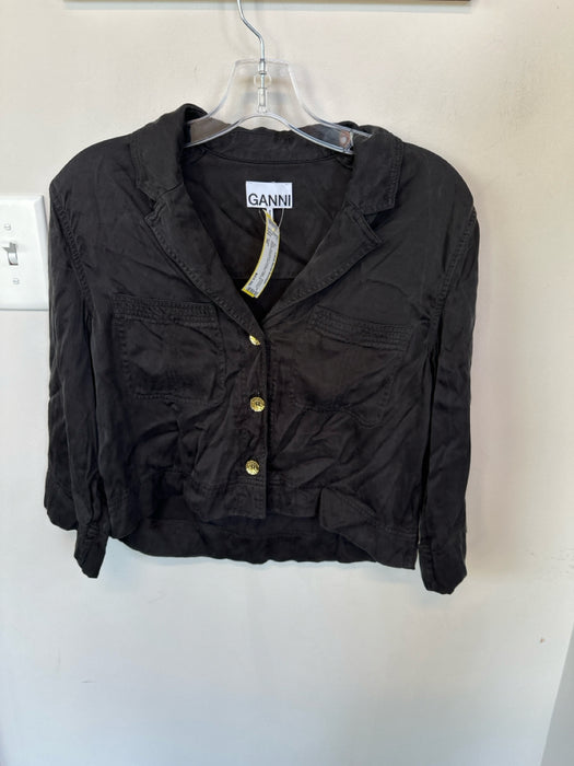 Ganni Size 36 Black Viscose & Cupro Collar Cropped Front Pocket Gold button Top