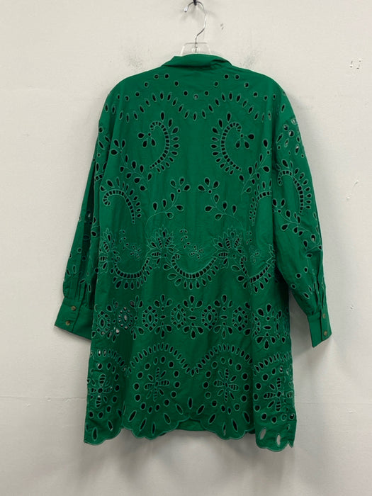 By Anthropologie Size S Green Cotton Long Sleeve Eyelet Button Front Dress