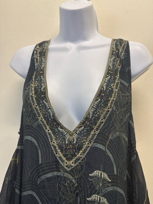 Camila Size Medium Navy & Multi Silk Crystal Maxi Sheer Sleeveless Dress