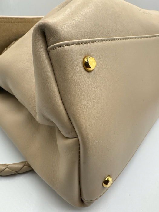 Bottega Veneta Beige Leather Gold Tone Hardware Flap Braided Detail Shoulder Bag