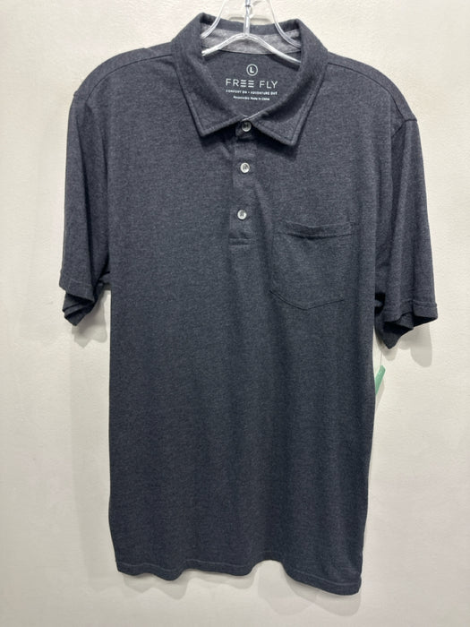 Free Fly Size L Gray Cotton Solid Polo Men's Short Sleeve