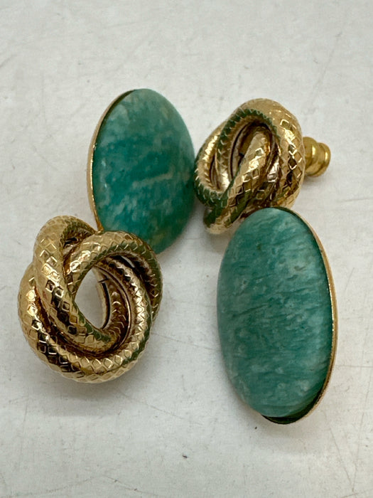 D'estree Gold & Green Metal & Stone Post Back Twist Semi Precious Earrings