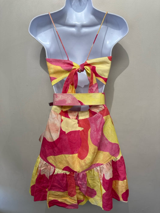 Rebecca Vallance Size 6 Pink & Yellow Linen & Rayon Tie Detail Cutout Mini Dress