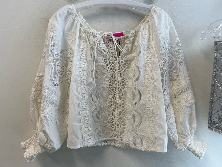 Alice & Olivia Size XS Ivory Cotton Half Puff Sleeve Cropped Lace Top