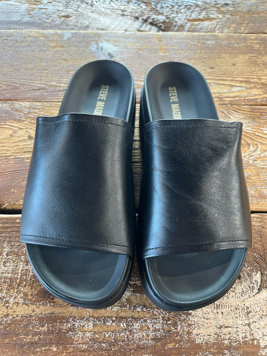Steve Madden Shoe Size 8 Black Leather & Manmade Open Toe & Heel Platform Shoes