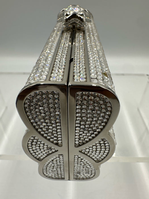 Judith Leiber Silver Rhinestone Push Clasp Bedazzled Clutch Shoulder Bag