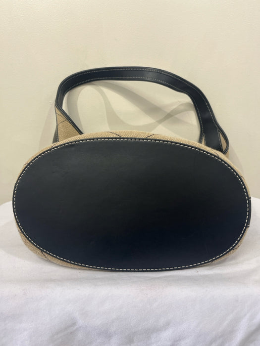 Tory Burch Tan & black Leather & Linen Quilted Logo Shoulder Hobo Bag