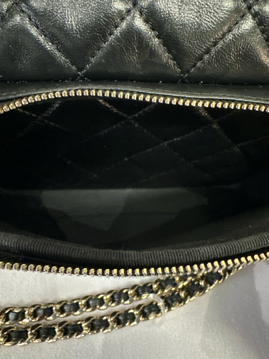 Chanel Black Leather Quilted Shinny Pockets Gold Hardware Bag