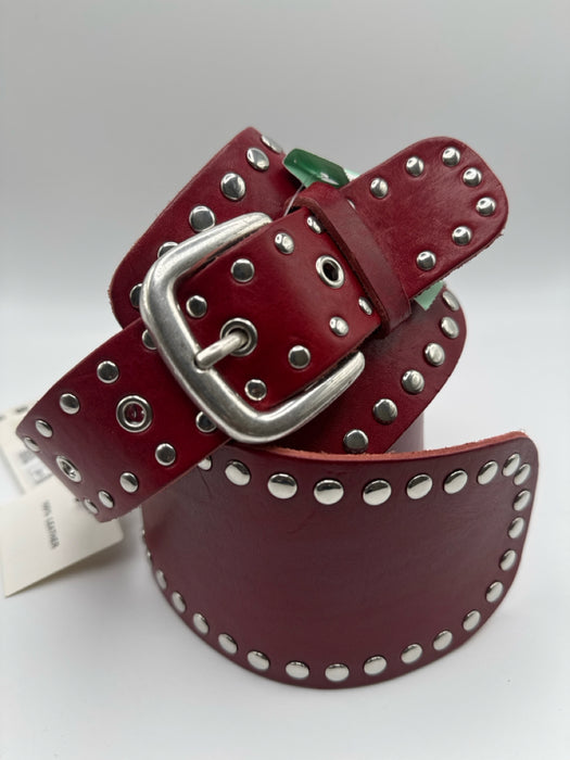 Zara Red & Silver Leather Studded Square Buckle Wide Belts