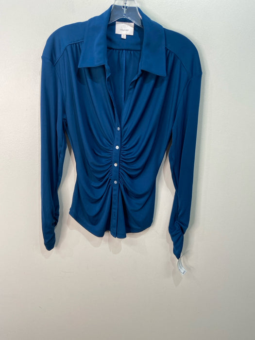 Cinq a Sept Size XS Blue Polyester Collared Button Up Rouched Long Sleeve Top