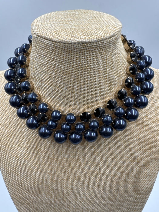 Gucci Navy Blue Faux Pearl Jeweled Light Gold Hardware Bib Choker Necklace