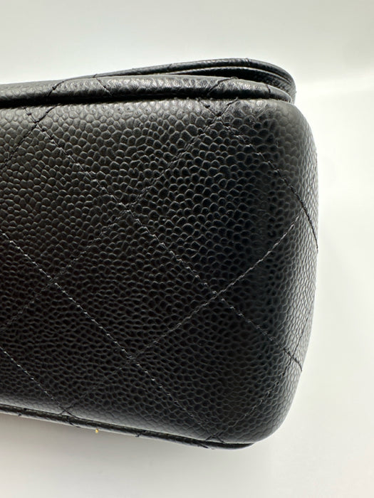 Chanel Black Caviar Leather Chain Strap Quilted Double Flap Silver hardware Bag