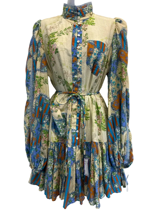 Alemais Size 6 Beige, Blue, Green Cotton Blend Floral Button Down Dress