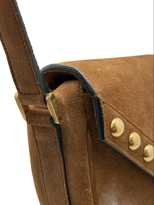 Saint Laurent Tan Brown Suede Gold Studs Flap Satchel Crossbody Strap Bag