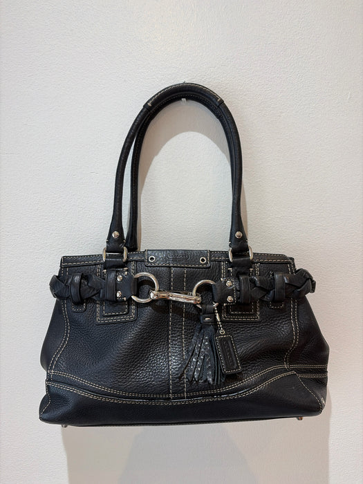 Coach Black & White Pebble Leather Top Handle Braided silver hardware Feet Bag