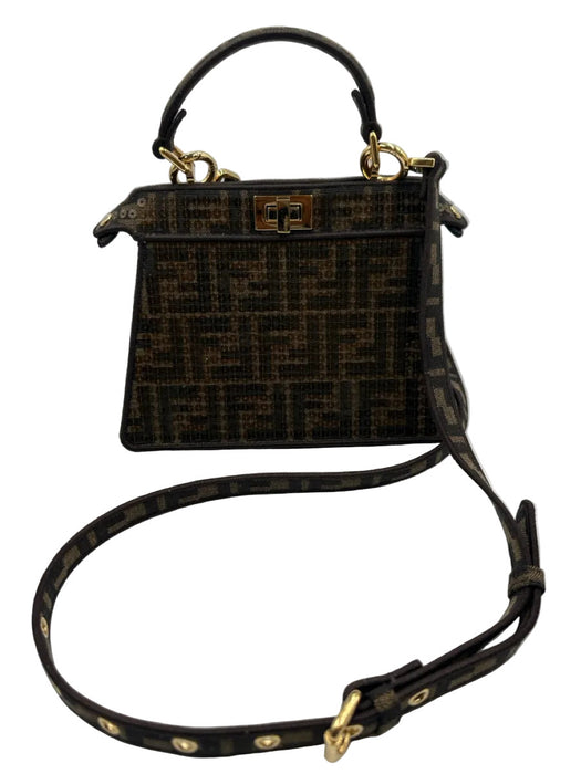 Fendi Brown Canvas Sequin Zucca Monogram Top Handle Crossbody Bag