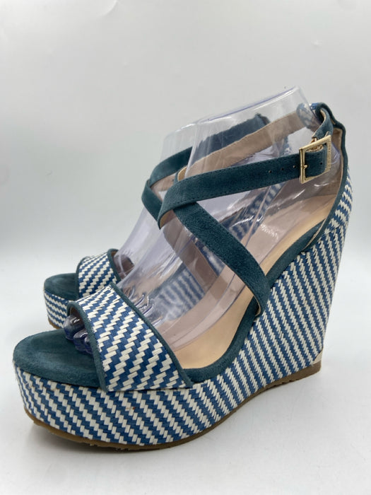 Jimmy Choo Shoe Size 39.5 Blue & White Raffia Suede Woven Platform Wedges