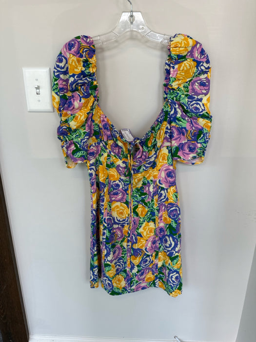 Zara Size M Purple & Green Polyester Short Balloon Sleeve Floral Back Tie Dress