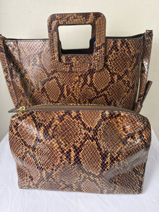 Staud Brown Print Leather Snake Embossed Crossbody Open Top Structured Bag