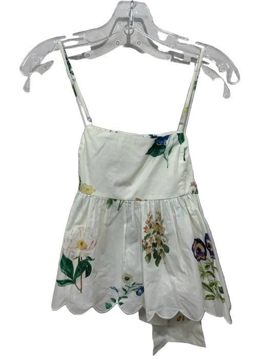 En Saison Size L Cream & Multi Cotton Spaghetti Strap Floral Scalloped Hem Top