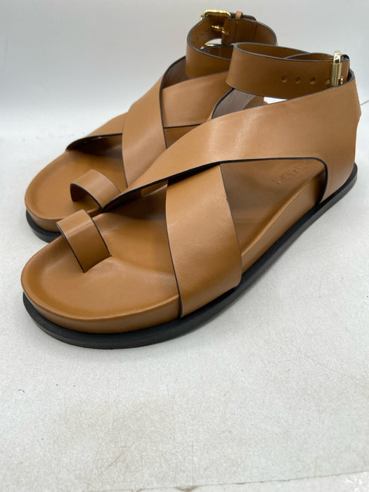 A.Emery Shoe Size 38 Tan Leather Criss Cross Gold Buckle Ankle Strap Sandals