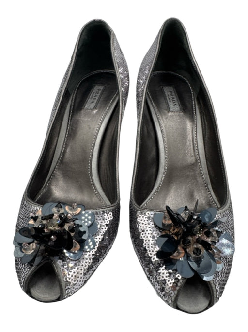 Prada Shoe Size 38 Silver & Black Leather Sequin Floral Peep Toe Low Heel Pumps Silver & Black / 38