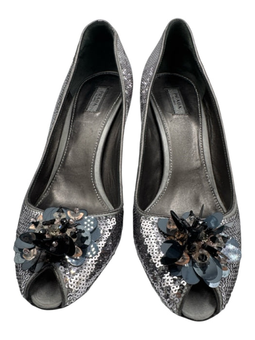 Prada Shoe Size 38 Silver & Black Leather Sequin Floral Peep Toe Low Heel Pumps Silver & Black / 38