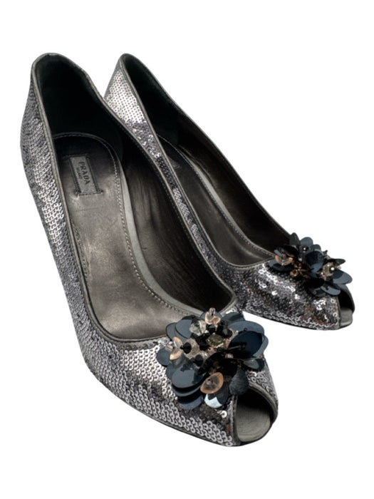 Prada Shoe Size 38 Silver & Black Leather Sequin Floral Peep Toe Low Heel Pumps Silver & Black / 38