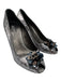 Prada Shoe Size 38 Silver & Black Leather Sequin Floral Peep Toe Low Heel Pumps Silver & Black / 38