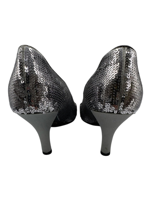 Prada Shoe Size 38 Silver & Black Leather Sequin Floral Peep Toe Low Heel Pumps Silver & Black / 38