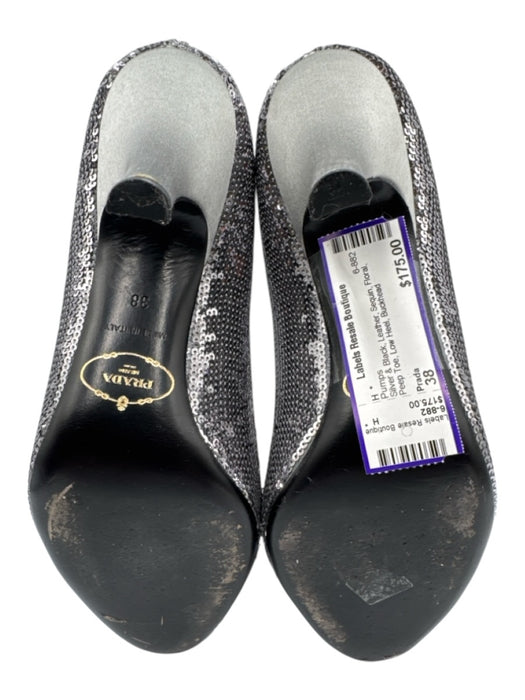 Prada Shoe Size 38 Silver & Black Leather Sequin Floral Peep Toe Low Heel Pumps Silver & Black / 38